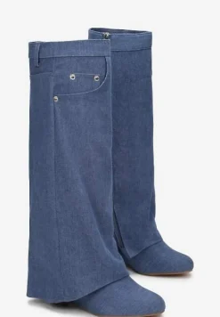 Niebieskie Kozaki z Wywiniętą Cholewką na Koturnie Maranele