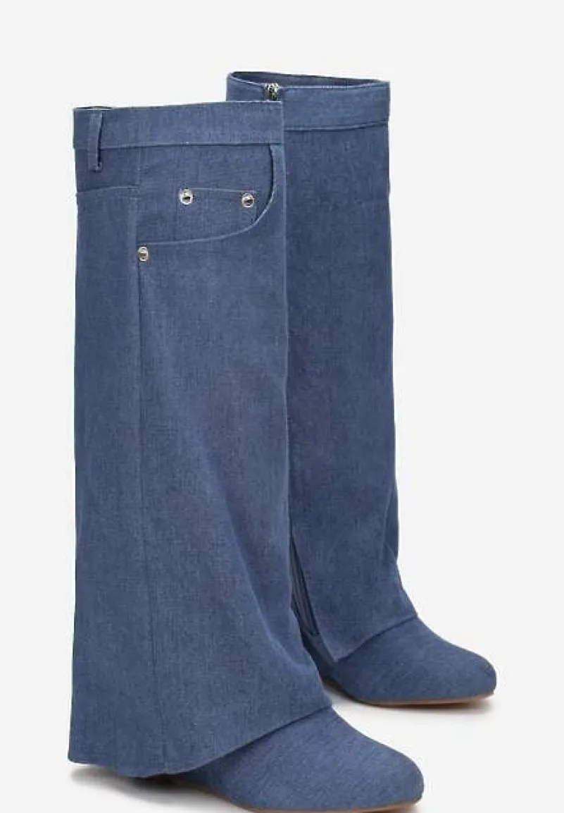 Niebieskie Kozaki z Wywiniętą Cholewką na Koturnie Maranele