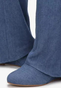 Niebieskie Kozaki z Wywiniętą Cholewką na Koturnie Maranele