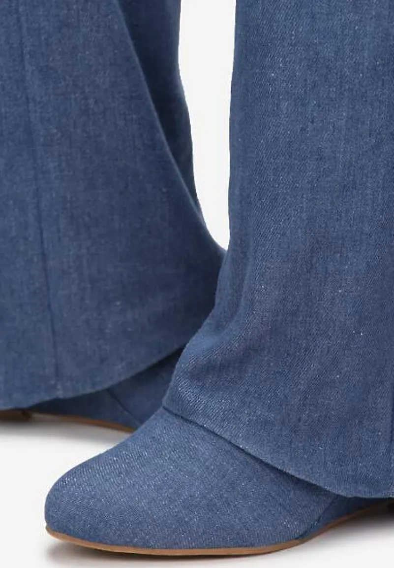 Niebieskie Kozaki z Wywiniętą Cholewką na Koturnie Maranele