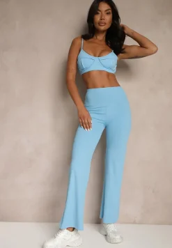 Niebieskie Legginsy High Waist z Szeroką Gumką w Pasie Idalania