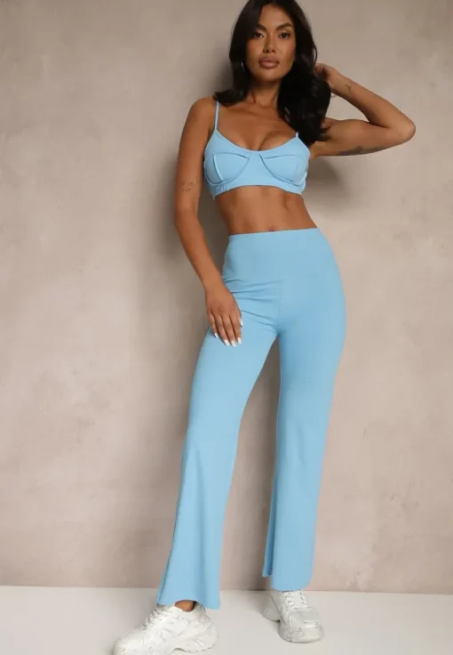 Niebieskie Legginsy High Waist z Szeroką Gumką w Pasie Idalania