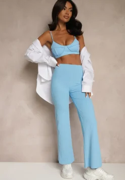 Niebieskie Legginsy High Waist z Szeroką Gumką w Pasie Idalania