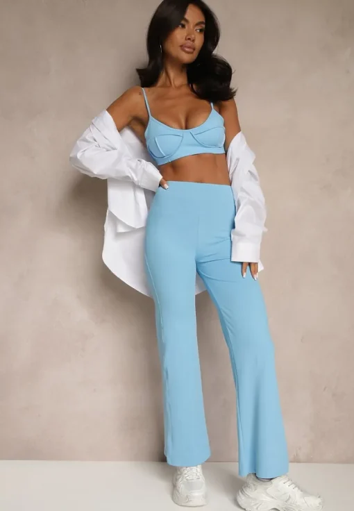 Niebieskie Legginsy High Waist z Szeroką Gumką w Pasie Idalania