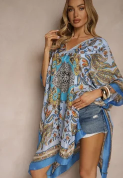 Niebieskie Ponczo Narzutka z Wiskozy i Jedwabiu w Stylu Boho Acera