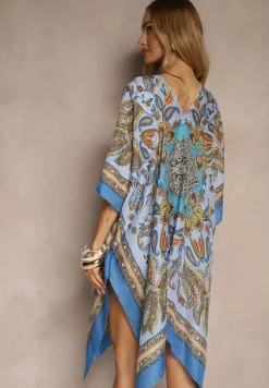 Niebieskie Ponczo Narzutka z Wiskozy i Jedwabiu w Stylu Boho Acera