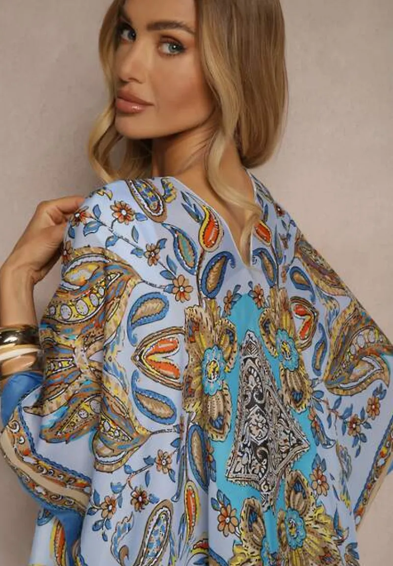 Niebieskie Ponczo Narzutka z Wiskozy i Jedwabiu w Stylu Boho Acera