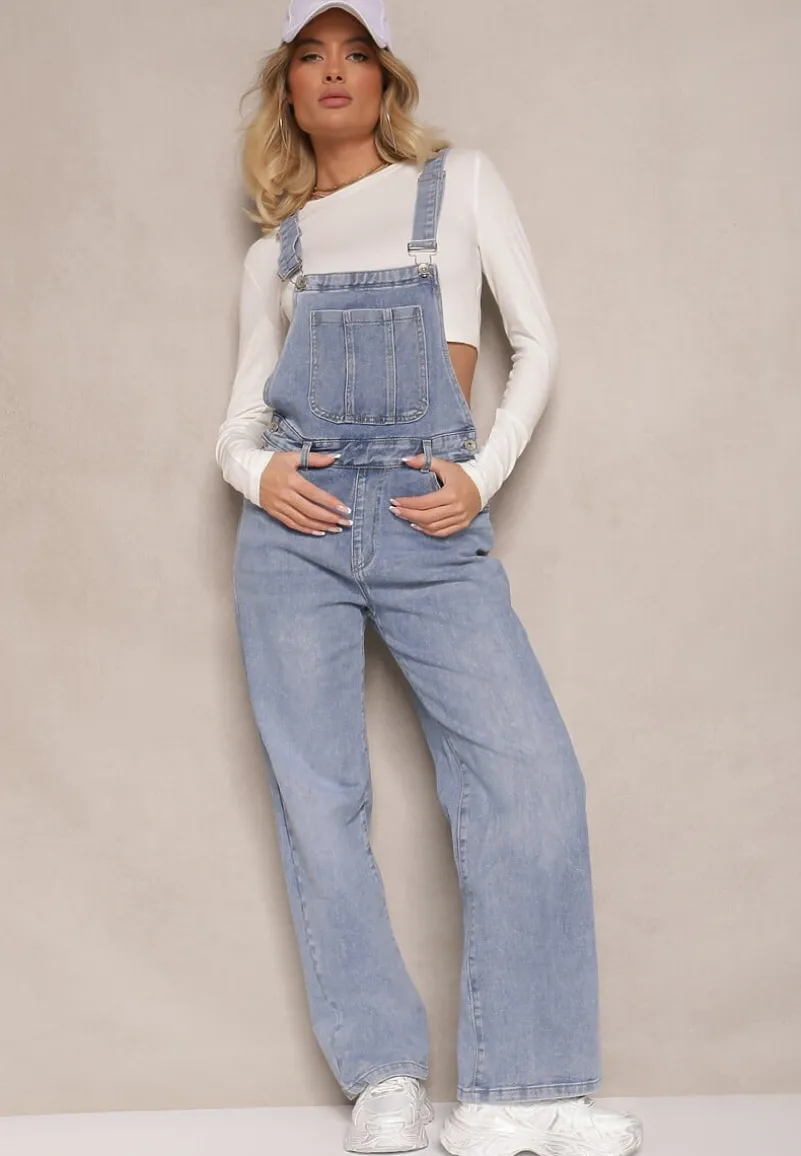 Niebieskie Regulowane Jeansy Ogrodniczki o Szerokim Kroju Felorien