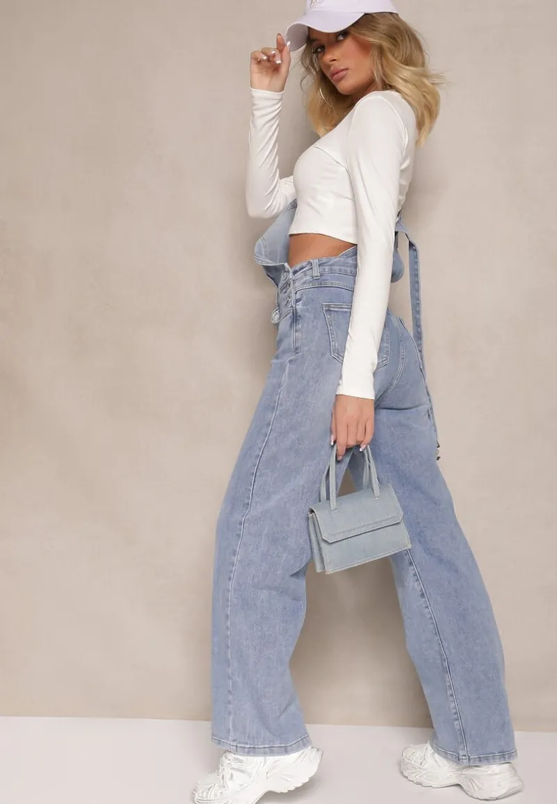 Niebieskie Regulowane Jeansy Ogrodniczki o Szerokim Kroju Felorien