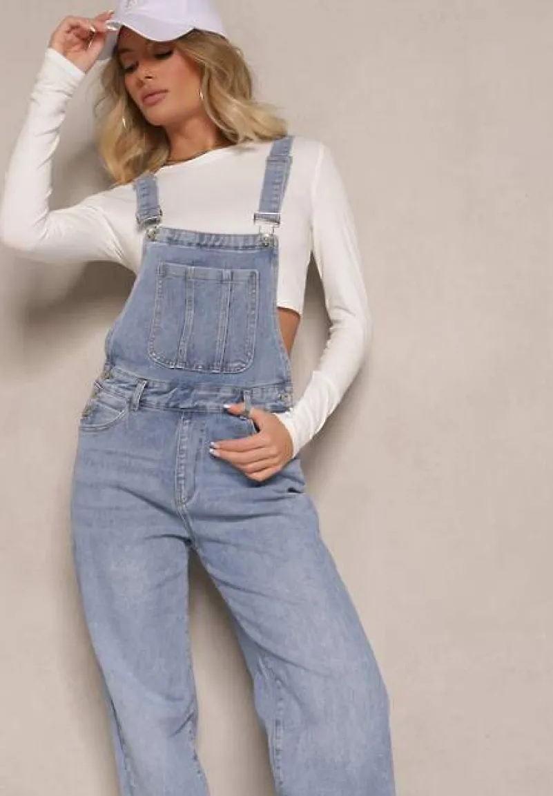 Niebieskie Regulowane Jeansy Ogrodniczki o Szerokim Kroju Felorien