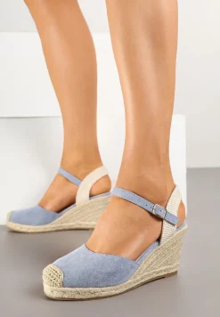 Niebieskie Sandały na Koturnie w Stylu Espadryli Ozdobione Plecionką Iladira