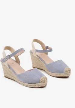 Niebieskie Sandały na Koturnie w Stylu Espadryli Ozdobione Plecionką Iladira