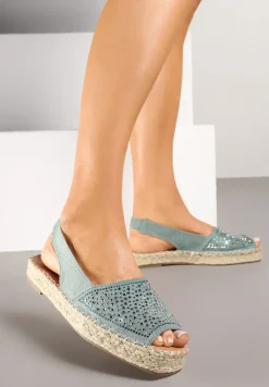 Niebieskie Sandały w Stylu Espadryli z Cyrkoniami na Podeszwie z Plecionki Neorwena