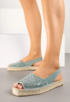 Niebieskie Sandały w Stylu Espadryli z Cyrkoniami na Podeszwie z Plecionki Neorwena