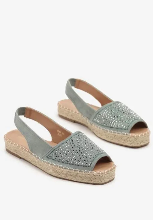 Niebieskie Sandały w Stylu Espadryli z Cyrkoniami na Podeszwie z Plecionki Neorwena