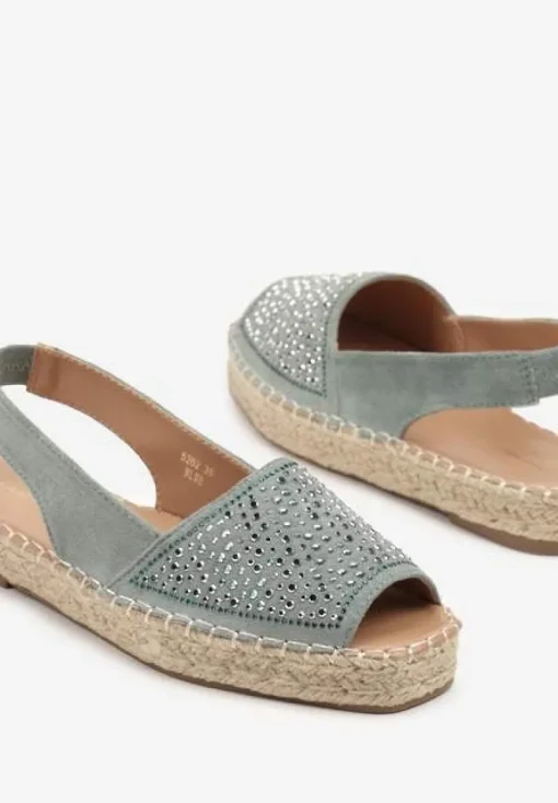 Niebieskie Sandały w Stylu Espadryli z Cyrkoniami na Podeszwie z Plecionki Neorwena