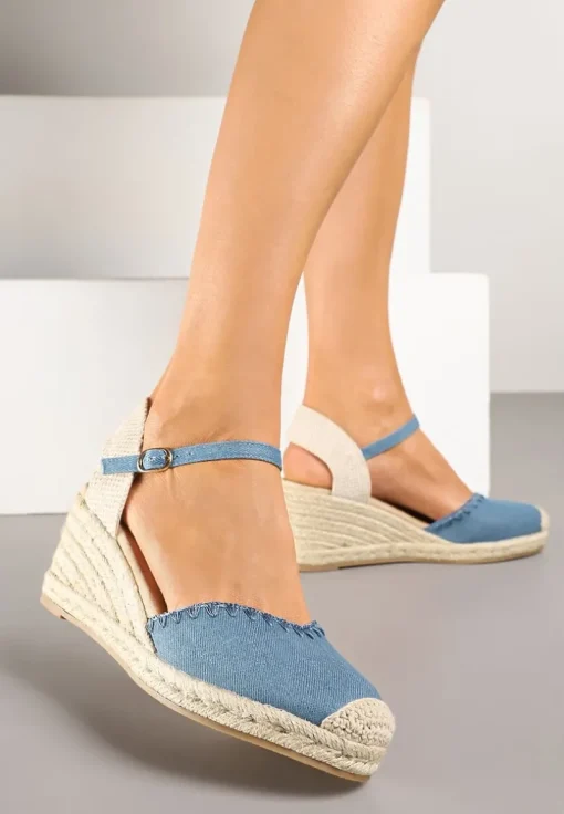 Niebieskie Sandały w Stylu Espadryli na Koturnie z Plecionką Meralissea