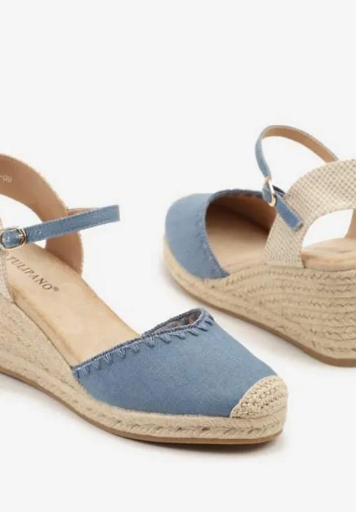 Niebieskie Sandały w Stylu Espadryli na Koturnie z Plecionką Meralissea