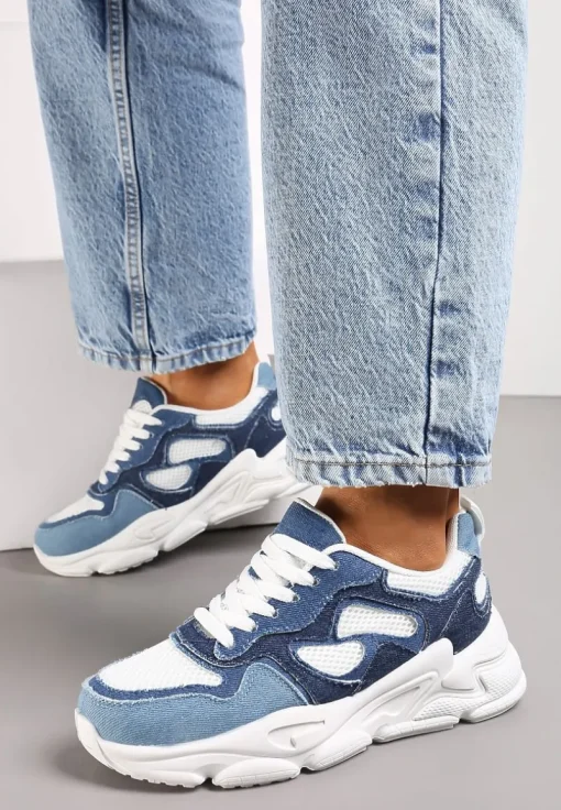 Niebieskie Sneakersy przed Kostkę na Grubej Podeszwie Lefia