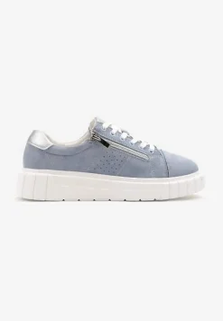 Niebieskie Sneakersy Skórzane na Platformie z Ozdobnym Suwakiem i Perforacją Niliria