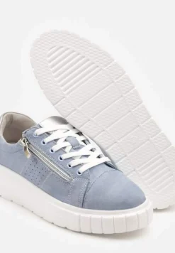 Niebieskie Sneakersy Skórzane na Platformie z Ozdobnym Suwakiem i Perforacją Niliria