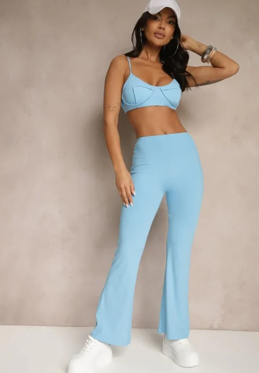 Niebieskie Spodnie Dzwony Legginsy High Waist Onellin