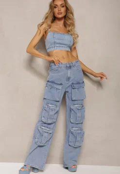 Niebieskie Spodnie High Waist z Prostymi Nogawkami i Ozdobnymi Kieszeniami Quliana