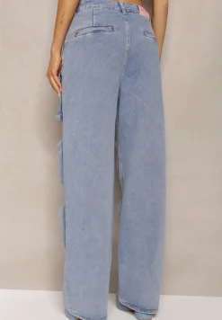 Niebieskie Spodnie High Waist z Prostymi Nogawkami i Ozdobnymi Kieszeniami Quliana