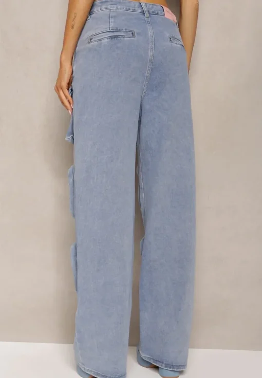 Niebieskie Spodnie High Waist z Prostymi Nogawkami i Ozdobnymi Kieszeniami Quliana