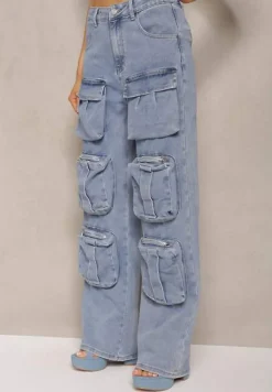 Niebieskie Spodnie High Waist z Prostymi Nogawkami i Ozdobnymi Kieszeniami Quliana
