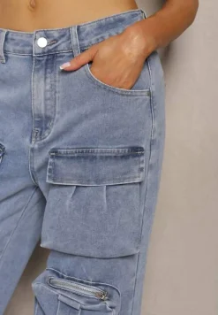 Niebieskie Spodnie High Waist z Prostymi Nogawkami i Ozdobnymi Kieszeniami Quliana