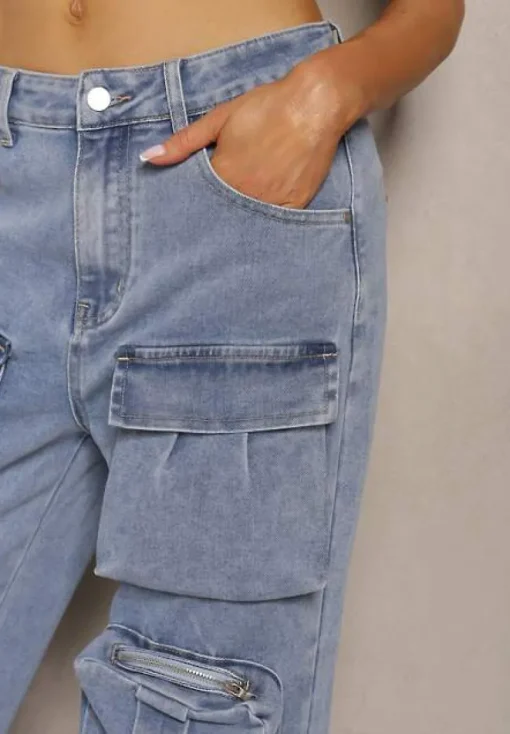 Niebieskie Spodnie High Waist z Prostymi Nogawkami i Ozdobnymi Kieszeniami Quliana