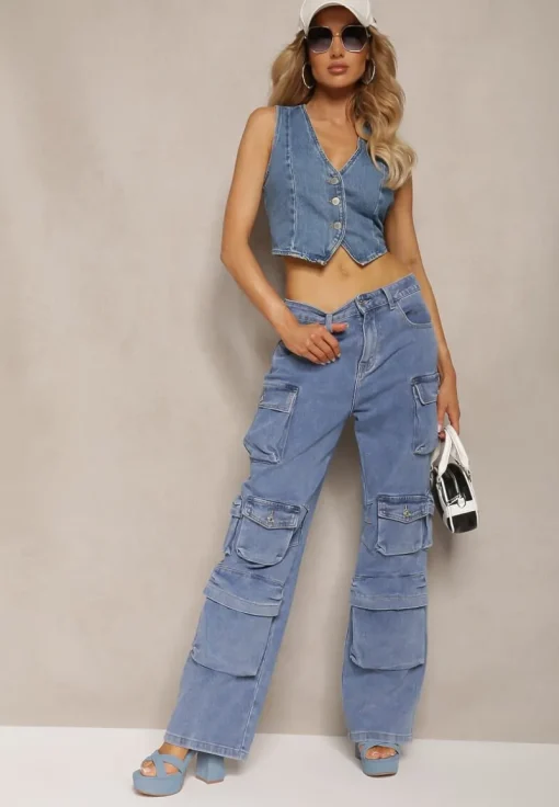 Niebieskie Spodnie High Waist z Szerokimi Nogawkami i Wieloma Kieszeniami Relada