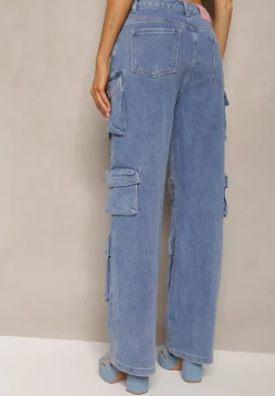 Niebieskie Spodnie High Waist z Szerokimi Nogawkami i Wieloma Kieszeniami Relada