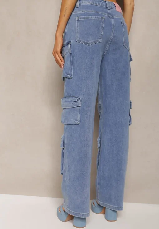 Niebieskie Spodnie High Waist z Szerokimi Nogawkami i Wieloma Kieszeniami Relada