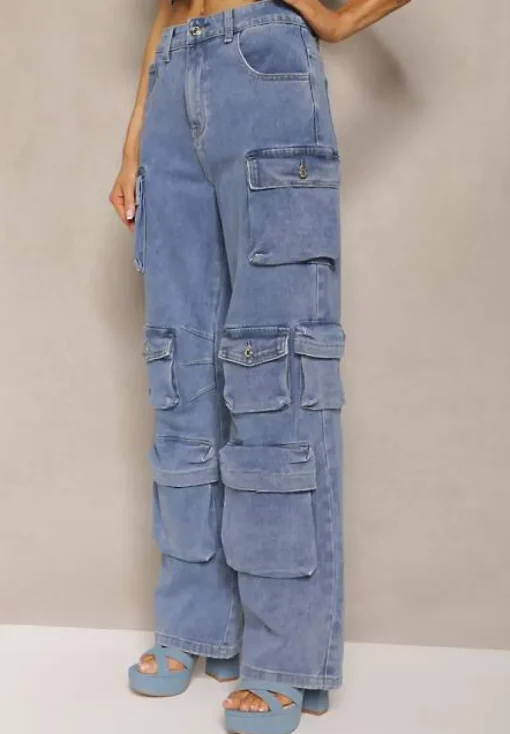 Niebieskie Spodnie High Waist z Szerokimi Nogawkami i Wieloma Kieszeniami Relada