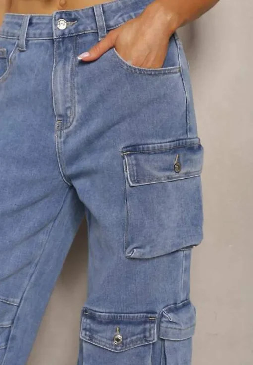 Niebieskie Spodnie High Waist z Szerokimi Nogawkami i Wieloma Kieszeniami Relada