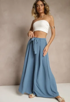 Niebieskie Spodnie z Bawełną o Szerokim Kroju High Waist z Paskiem Iveleldi