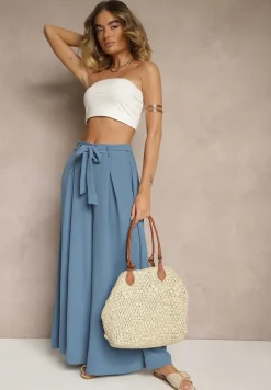 Niebieskie Spodnie z Bawełną o Szerokim Kroju High Waist z Paskiem Iveleldi