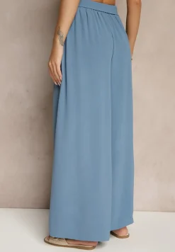 Niebieskie Spodnie z Bawełną o Szerokim Kroju High Waist z Paskiem Iveleldi