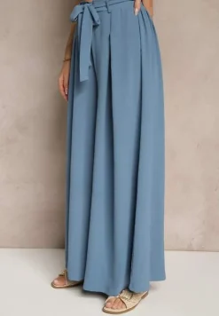 Niebieskie Spodnie z Bawełną o Szerokim Kroju High Waist z Paskiem Iveleldi