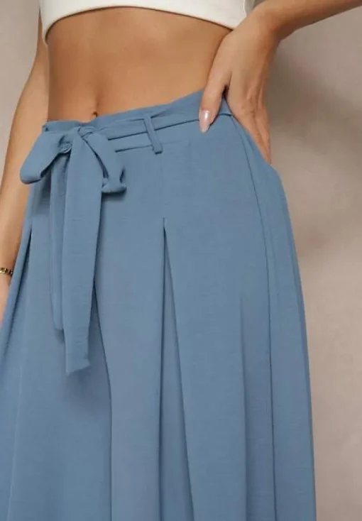 Niebieskie Spodnie z Bawełną o Szerokim Kroju High Waist z Paskiem Iveleldi