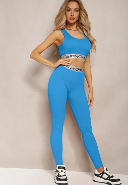 Niebieskie Sportowe Legginsy Elastyczne z Ozdobną Szeroką Gumą w Pasie Larnode