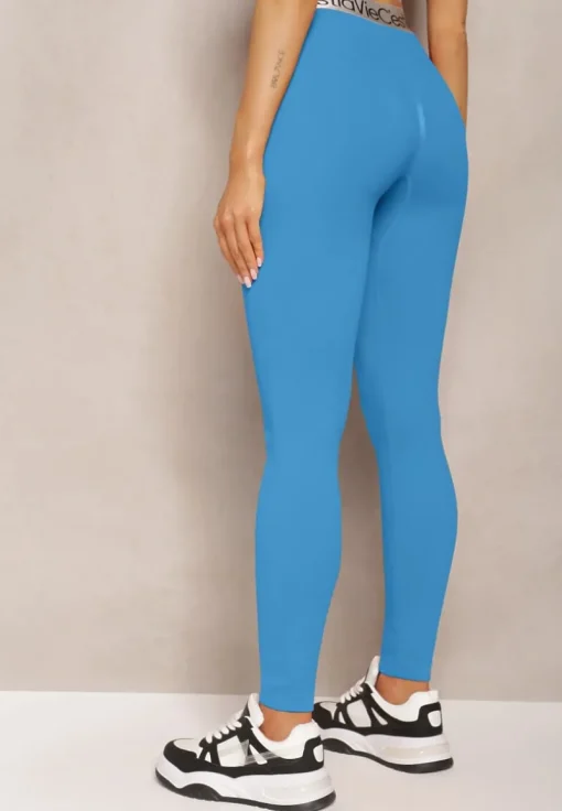 Niebieskie Sportowe Legginsy Elastyczne z Ozdobną Szeroką Gumą w Pasie Larnode