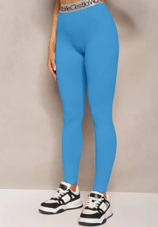 Niebieskie Sportowe Legginsy Elastyczne z Ozdobną Szeroką Gumą w Pasie Larnode