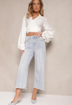 Niebieskie Szerokie Jeansy High Waist z Bawełną i Przeszyciami Silsemi