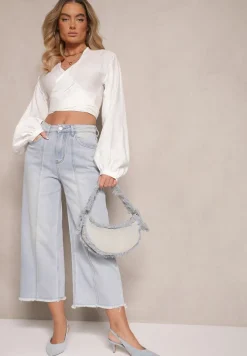 Niebieskie Szerokie Jeansy High Waist z Bawełną i Przeszyciami Silsemi