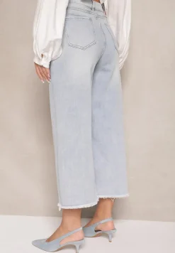 Niebieskie Szerokie Jeansy High Waist z Bawełną i Przeszyciami Silsemi
