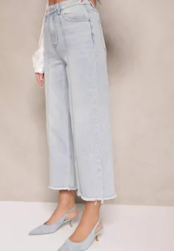 Niebieskie Szerokie Jeansy High Waist z Bawełną i Przeszyciami Silsemi