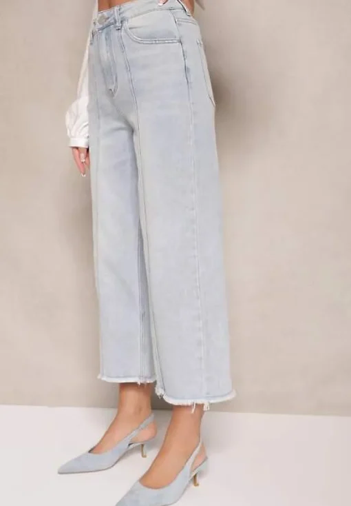 Niebieskie Szerokie Jeansy High Waist z Bawełną i Przeszyciami Silsemi